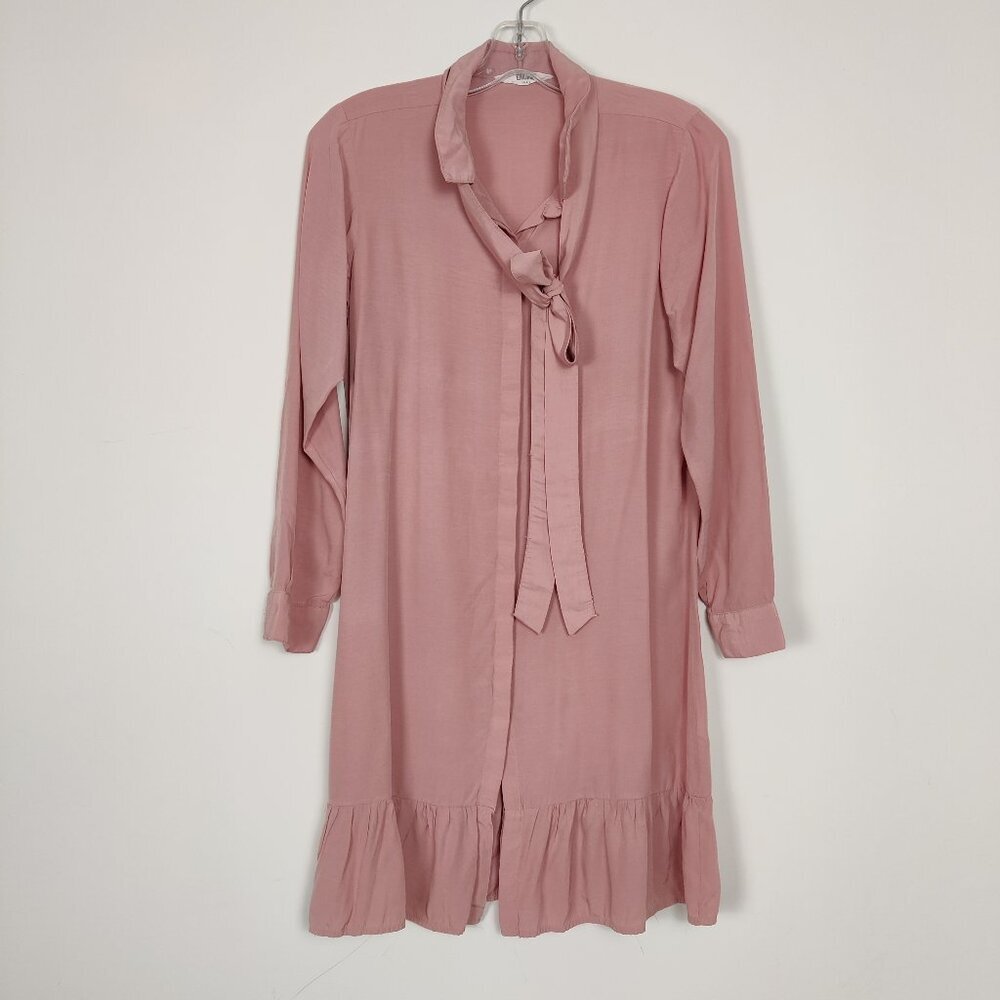 Engine Women's Tunic Size S Pink Cotton Buttoned Bow Tie Ruffled Hem Casual Chic